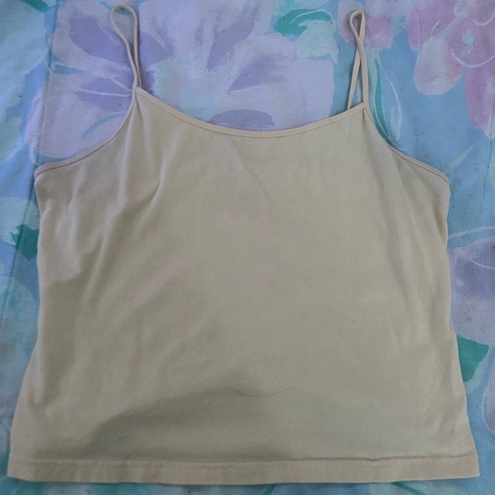 ☾.݁ᛪ༙ L Women's Light Yellow Spaghetti Strap Top